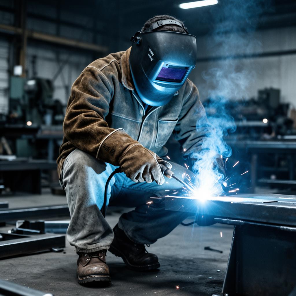 Certified welder in full PPE laying a structural weld inside a fabrication shop